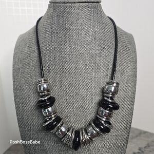 Chico’s Silver & Black Bead Statement Necklace on Black Cord